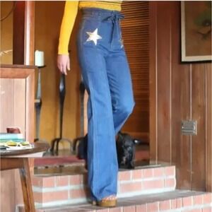 Stoned Immaculate High Rise Flared Jeans Blue Denim Gold Star Size 28
